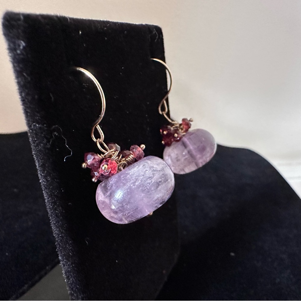 Hand Made Amethyst and Garnet Dangle Earrings NWOT - Picture 3 of 9